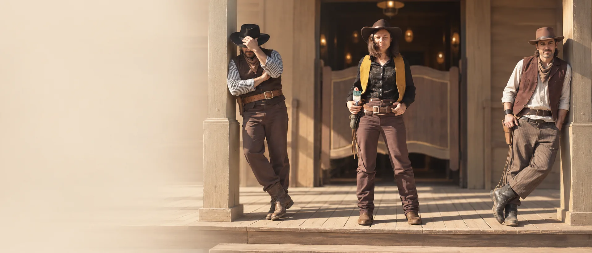Un grupo de docentes con sombreros y ropa de estilo western contempla desde una loma la ciudad de Almería, con la Alcazaba y el mar al fondo.